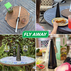 Fly Away fan on a dining table keeping flies away during a barbecue