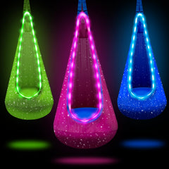 FNZU pod swing front view showing cozy seat and LED appeal for calming play
