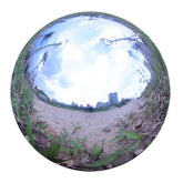 Folytiy front view of polished stainless steel gazing ball showing reflective finish and shape