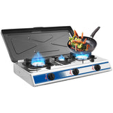 forimo front view stainless steel cooktop showing sturdy three-burner layout and portability benefit