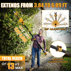 FormiPow extension pole fully extended to 6.9 ft demonstrating ladder-free reach and lightweight aluminum build