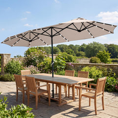 FREE SOLDIER front view of beige umbrella showing full coverage and curb appeal