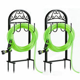 Freexployer front view of both freestanding reel stands, tidy hose storage benefit