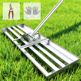 FRIDOU front view of stainless leveling rake showing wide plate for fast coverage