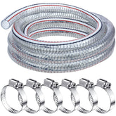 Frienda front view of 1.5 inch hose showing clear tubing and included clamps for durable connections
