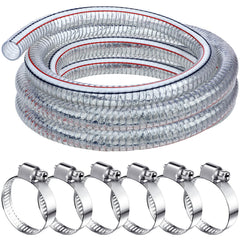 Frienda front view of 1.5 inch hose showing clear tubing and included clamps for durable connections