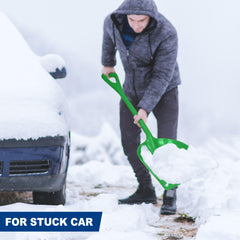Frienda shovel beside a shoe showing 43-inch scale for reach and leverage benefit