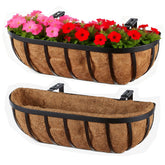 Frillybutts front view of two 24-inch black metal planters showing tidy finish and classic style.