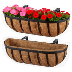 Frillybutts front view of two 24-inch black metal planters showing tidy finish and classic style.