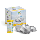 FROG front packaging showing three SmartChlor cartridges and test strips for easy replacement