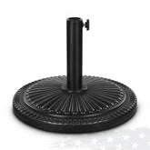 FRUITEAM front view of black umbrella base showing sunflower pattern and weight benefit