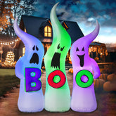 FunFanso front view of three 6ft ghosts showing festive yard impact