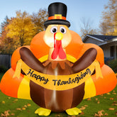FunFanso front view of 6 ft turkey inflatable showing festive pilgrim hat and banner, bright curb appeal