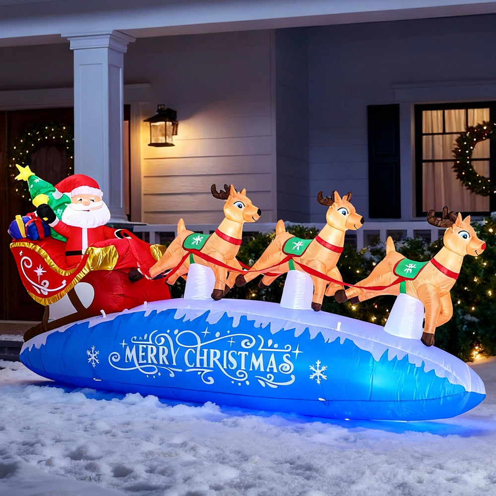 Funflatable front view of blue Santa sleigh inflatable showing full scene benefit visibility