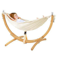 FUNLIO front view of assembled kids hammock showing stable frame and cozy bed