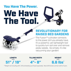 Fusion Drill Powered Tools close-up of four steel tines delivering efficient soil mixing