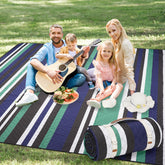 G GOOD GAIN front view of navy blanket folded into tote for easy transport
