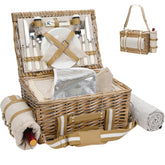 G GOOD GAIN front view of wicker picnic basket showing straps and cherry print, stylish portability