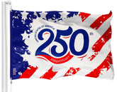 G128 front view of 250th flag showing bold red stripes and clear commemorative dates
