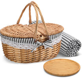 Gandeer front view of grey wicker picnic basket showing lid and handle for easy transport