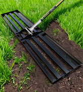 GARDEASE front view of 48 inch steel lawn leveler showing wide plate benefit