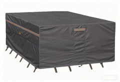 Garden Balsam front view of dark grey 108-inch table cover protecting set