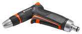 Gardena cleaning nozzle front view showing durable metal head and ergonomic grip