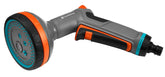 GARDENA multi sprayer front view showing all nozzle ports and comfortable grip benefit