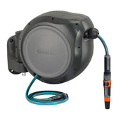 GARDENA front view of retractable hose reel showing compact storage and durability