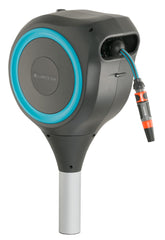 Gardena front view of retractable hose reel showing tidy storage benefit