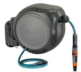 GARDENA front view of retractable hose reel showing compact mounted design