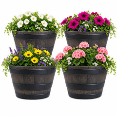 Gardenised front view of four half barrel planters showing rustic appeal and easy styling