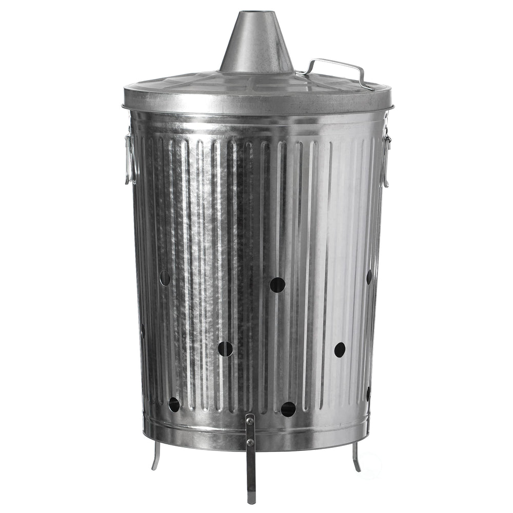 Gardenised front view of incinerator can showing sturdy build and lid for safer burning