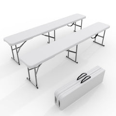 Garvee front view of bench set showing sturdy seating and portable design