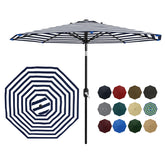 Garvee front view of light blue and white striped umbrella offering shaded seating