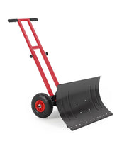 GarveeTech front view of rolling snow shovel showing wide blade and wheels for faster clearing