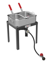 Gas One front view double fryer showing pot and frame for reliable outdoor cooking