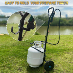 GasBRUH cart next to a BBQ in use with torch hooked up for convenient outdoor cooking benefit