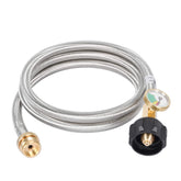 GasSaf front view of packaged 5ft propane hose showing gauge and fittings for easy setup