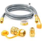 GasSaf front view of packaged 6 ft natural gas hose showing product benefits