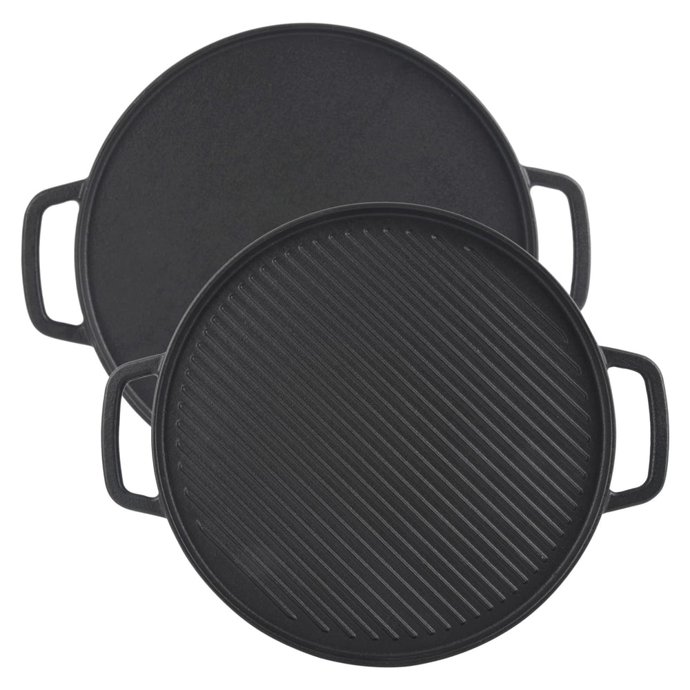 GasSaf front view of reversible griddle showing both handles and cooking surface benefit durable use