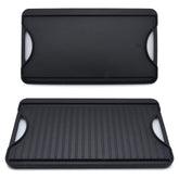 GasSaf griddle front view showing full double-sided pan and handles, durable cooking surface