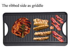 GasSaf griddle on two-burner stove for scale, wide surface for family-sized meals