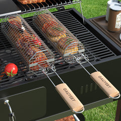 GAUYEBY front view showing both octagon and round grill baskets for versatile grilling