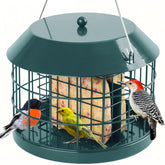 Gbekery feeder front view showing cage and green finish for durable backyard display
