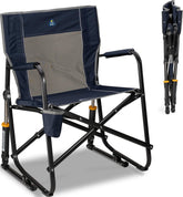GCI Outdoor front view of indigo rocker showing solid armrests and seat comfort