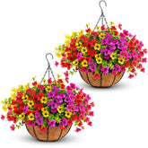 Geegoods front view of two hanging baskets showing full colorful blooms