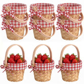 Geelin front view pack of six baskets showing red gingham liners and handles for coordinated decor