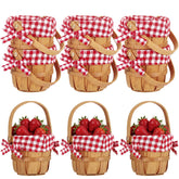 Geelin mini picnic basket front view showing woven texture and gingham liner, ready for favors