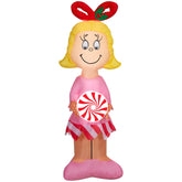 Gemmy Cindy-Lou Who front view showing LED lights and festive peppermint benefit: bright curb appeal